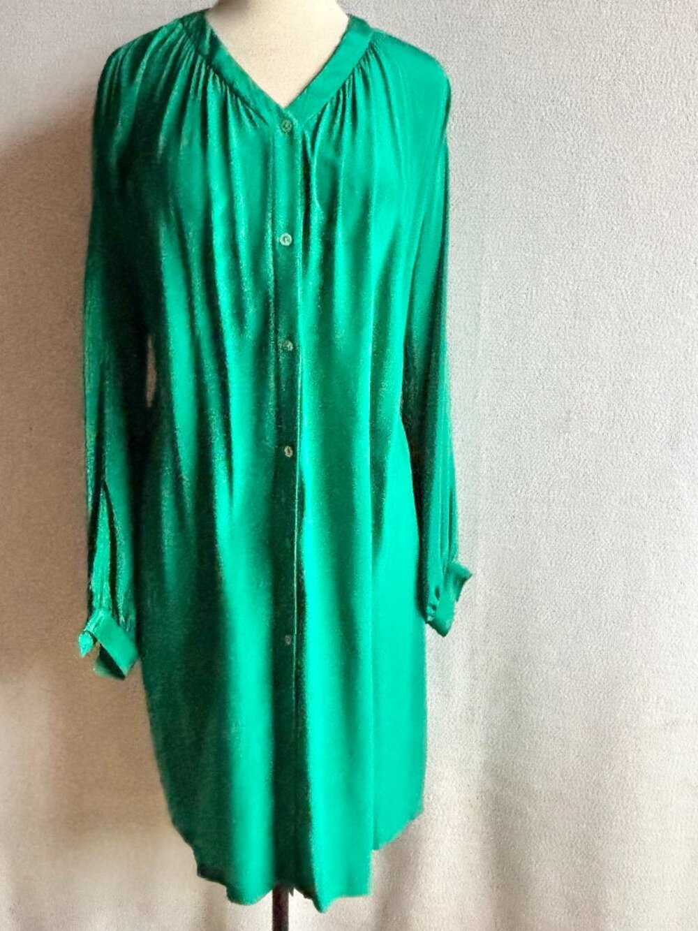 Emerald Green Silk Long Sleeve Button Down Shirt Dress M/L